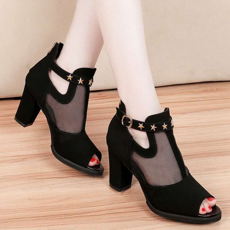Women'S Fashion Korea - Mesh Peep Toe Block High Heels