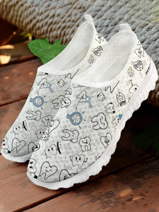 White Cartoon Teeth Print Mesh - Women'S Fashion Tennis Shoes recension och pris
