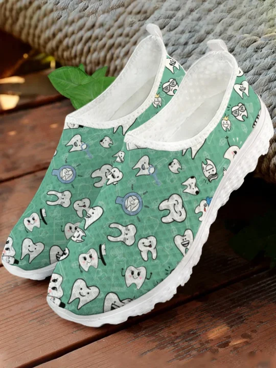 White Cartoon Teeth Print Mesh - Women'S Fashion Tennis Shoes recension och pris