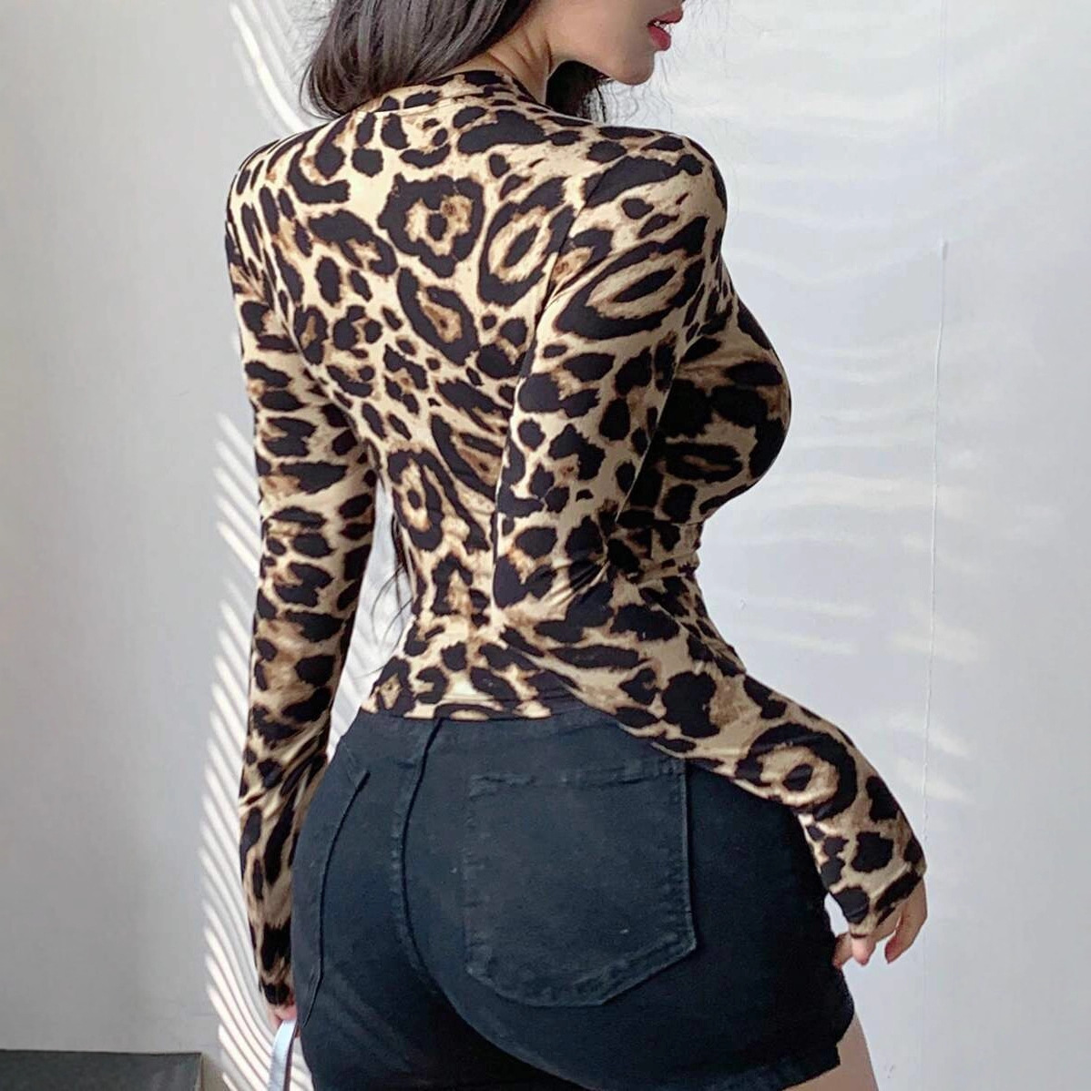 Women Leopard Print Zip Up Lon - Crop Top Women recension och pris