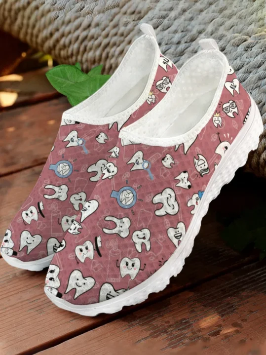 White Cartoon Teeth Print Mesh - Women'S Fashion Tennis Shoes recension och pris