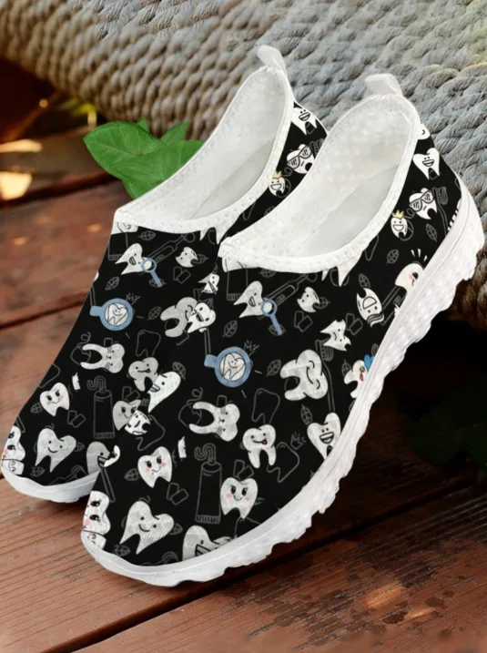 White Cartoon Teeth Print Mesh - Women'S Fashion Tennis Shoes recension och pris